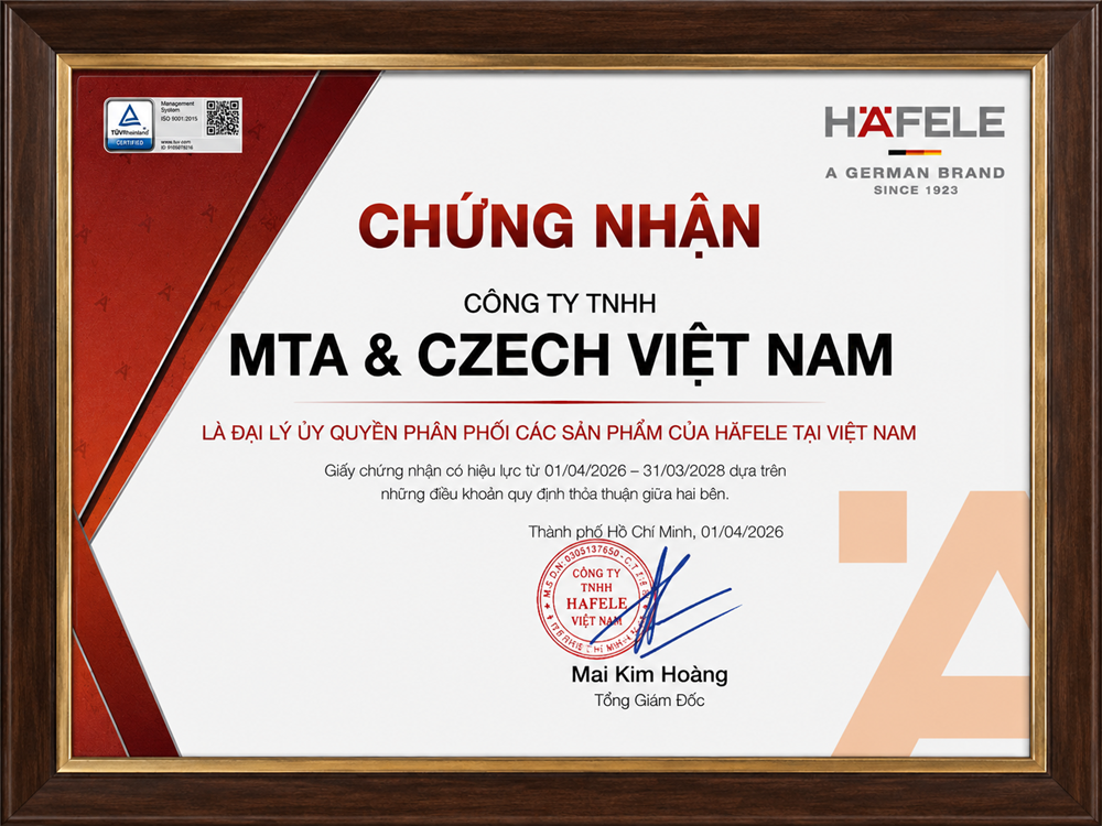 Giấy chứng nhận MTA & Czech là đại lý Ủy quyền Hafele tại Việt Nam
