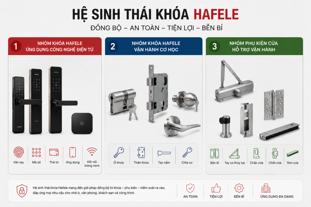 HỆ SINH THÁI KHÓA HAFELE GỒM KHÓA ĐIỆN TỬ HAFELE, KHÓA CƠ HAFELE ( KHÓA CỬA HAFELE CƠ HỌC) VÀ NHÓM PHỤ KIỆN CỬA HAFELE