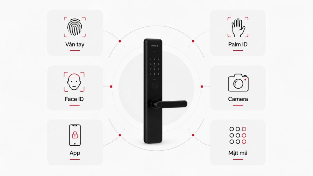 Khóa điện tử Hafele hỗ trợ nhiều công nghệ mở khóa như vân tay, Palm ID, Face ID, Camera, App và mật mã, giúp người dùng lựa chọn giải pháp phù hợp với nhu cầu sử dụng hằng ngày.