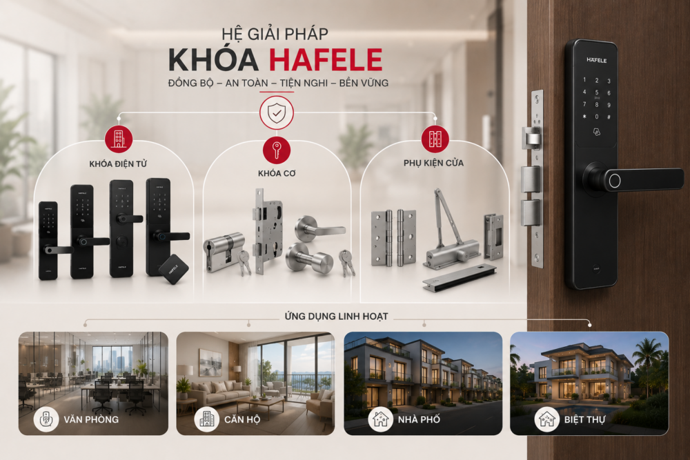 KHÓA HAFELE GỒM KHÓA ĐIỆN TỬ HAFELE, KHÓA CỬA HAFELE HỆ CƠ VÀ PHỤ KIỆN CỬA HAFELE