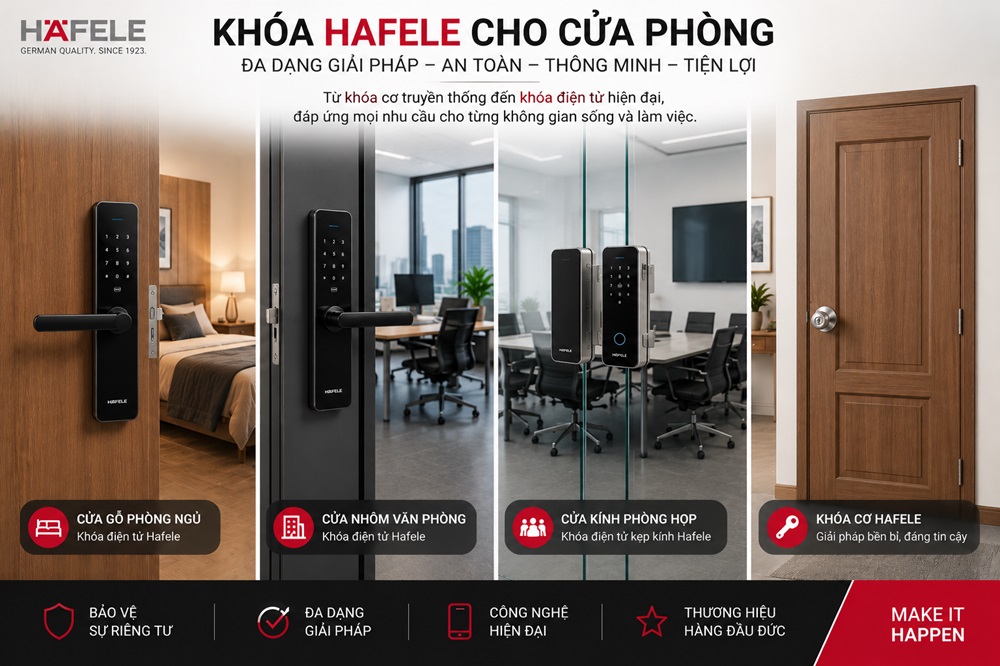 Giải pháp khóa Hafele cho cửa phòng gồm khóa điện tử và khóa cơ, phù hợp với cửa gỗ, cửa nhôm và cửa kính trong nhiều không gian sử dụng khác nhau