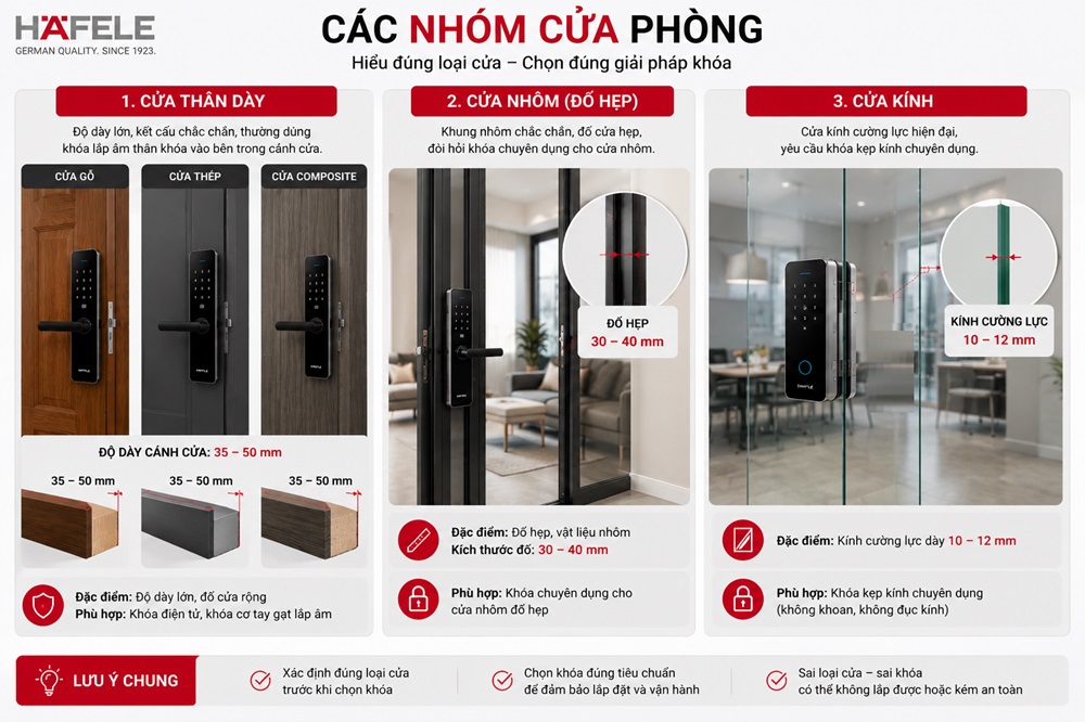Xác định đúng nhóm cửa phòng là bước đầu tiên để lựa chọn khóa Hafele phù hợp