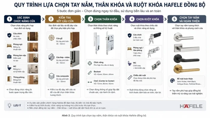 Quy trình lựa chọn tay nắm, thân khóa và ruột khóa Hafele đồng bộ.