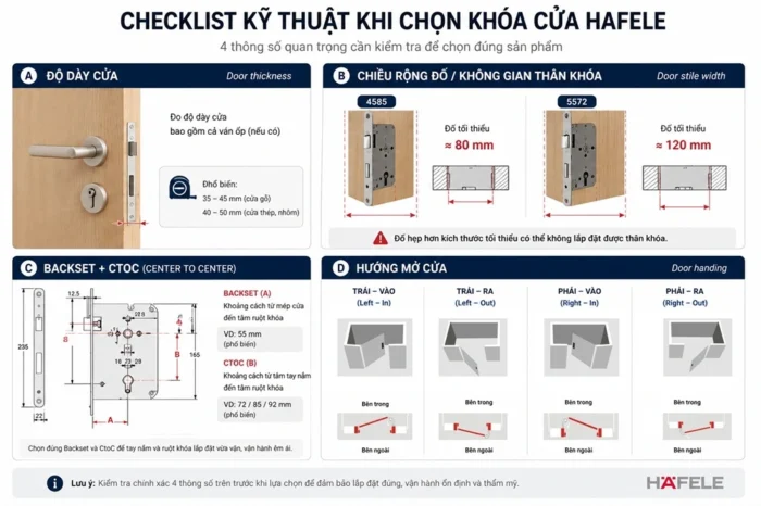 Các thông số kỹ thuật cần kiểm tra trước khi lựa chọn khóa cửa Hafele.