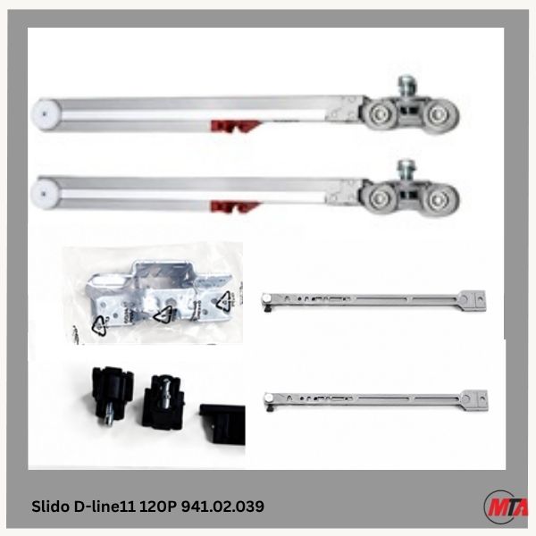 phụ kiện cửa lùa treo hafele dòng Slido D-line11 120P cho cửa lùa gổ nặng 120kg, có giảm chấn và tự đóng 2 bên