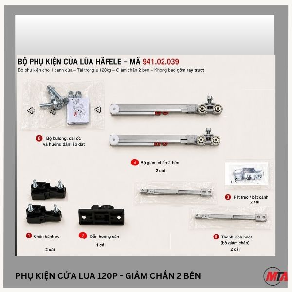 phụ kiện cửa lùa hafele dòng Slido D-line11 120P 941.02.039 giảm chấn và tự đóng 2 đầu cho cửa lùa gổ nặng đến 120kg