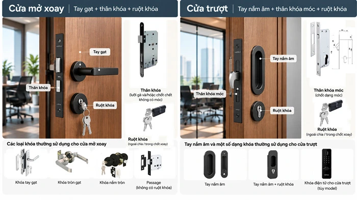 so sánh khóa hafele cho cửa mở xoay và khóa hafele cho cửa mở trượt