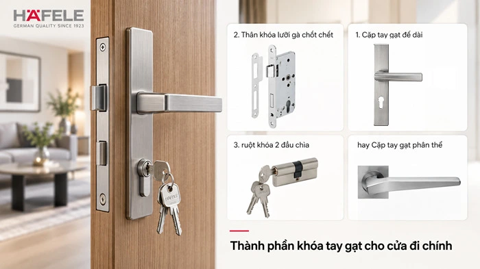 khóa tay gạt cửa đi chính hiệu hafele gồm tay gạt, thân khóa lưỡi gà chốt chết ruột khóa 2 đầu chìa