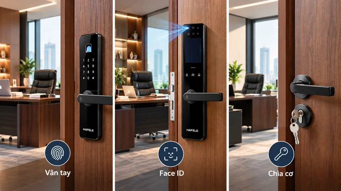 vân tay, thẻ từ, mật mã. app. face ID, plam ID, khóa cơ đề có thể sử dụng cho cửa phòng quản ly
