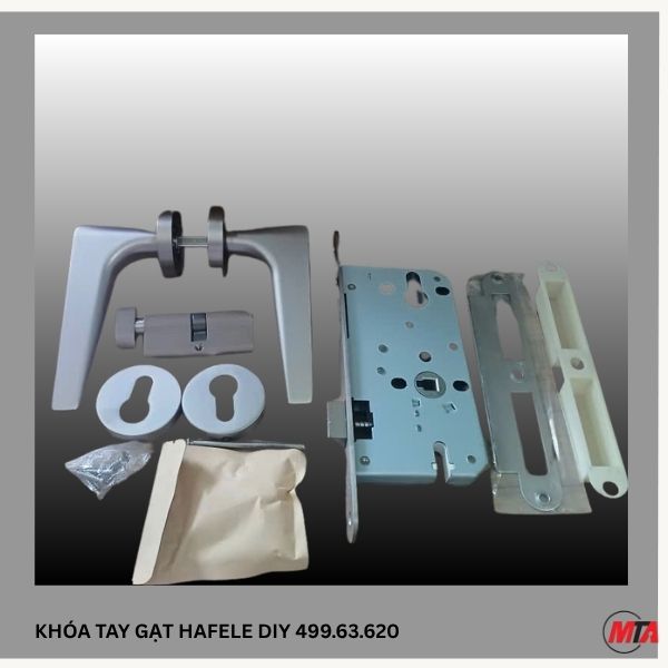 trọn bộ khóa tay gạt DIY hafele 499.63.620 gồm thân khóa, tay gạt phân thể, ruột khóa trong chốt ngoài chìa, màu hoàn thiện mạ niken mờ